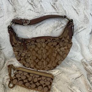 Coach Tan and Brown Signature Bag with Wristlet
